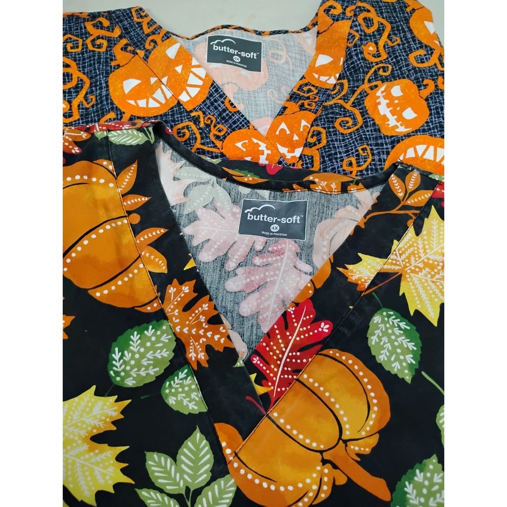 Buttersoft Halloween Fall Scrub Tops Size 4X V Neck Pockets Pumpkins Leaves (2)